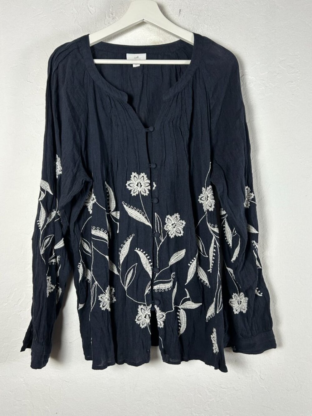 J. Jill Navy Embroidered PinTuck Blouse Floral Boho Button Front Large Tall